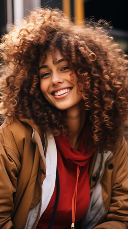 Joyful young woman with curly hair and a warm smile, wearing a red scarf and a tan jacket, outdoors.の素材