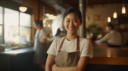 Asian female waitress smiling with confidence in restaurant.の素材