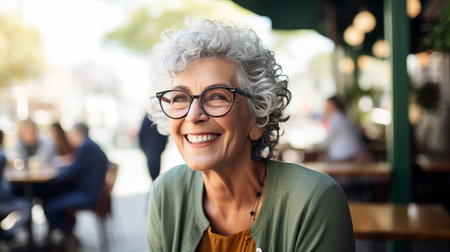 The image shows an elderly woman with curly gray hair, wearing glasses and smiling in a cafÃ© setting.の素材