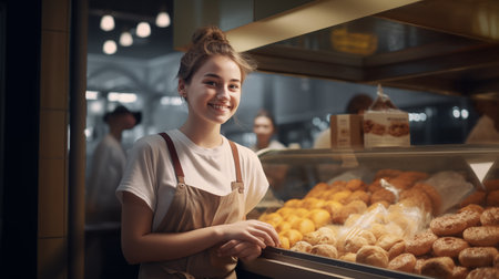 The image portrays a young woman with a bun, wearing an orange apron in a bakery with fresh bread.の素材