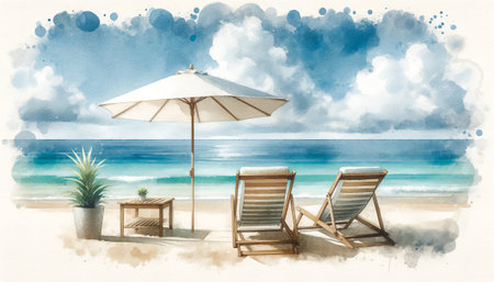 Watercolor illustration of a serene beach scene with two chairs, an umbrella, and a tranquil sea view.の素材