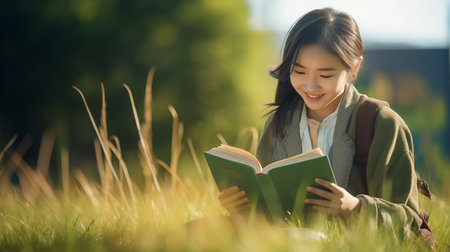 Asian girl reading a book on the lawn.の素材