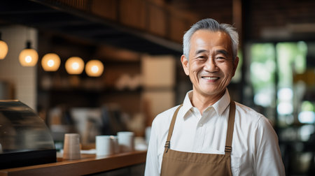 Old Asian man smiling with confidence in a coffee shop.の素材