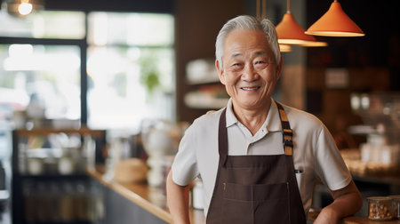 Old Asian man smiling with confidence in a coffee shop.の素材