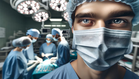 Close-up of a surgeon's focused gaze in an operating theatre with a team performing surgery in the background.の素材