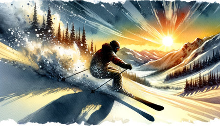 Skier descending a snowy mountain at sunrise.の素材