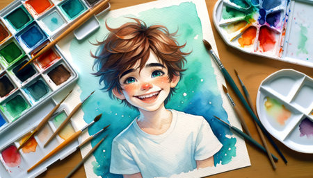 The image shows a watercolor painting of a boy with a joyful expression.の素材