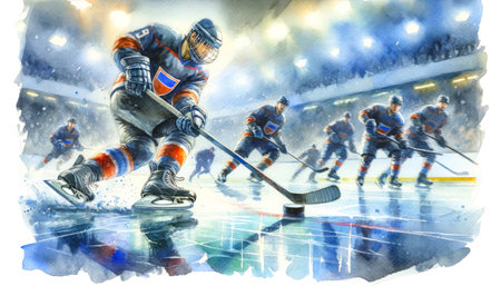 Hockey player on ice with teammates in action.の素材