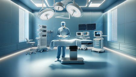 Surgeon analyzing a patient on an operating table in a high-tech room with ambient blue lighting.の素材