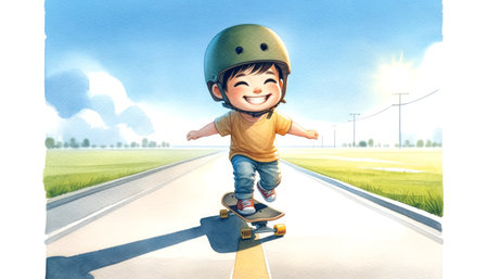 Happy child skateboarding on a sunny rural road.の素材