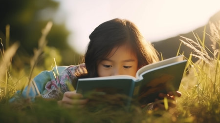 Asian girl reading a book on the lawn.の素材