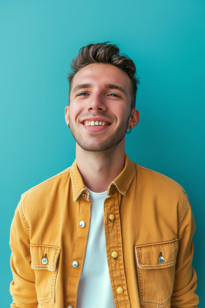 Caucasian man wearing shirt on blue background.の素材