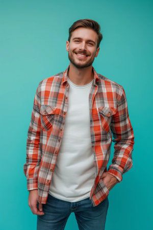 Caucasian man wearing shirt on blue background.の素材