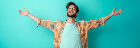 Caucasian man wearing shirt on blue background.の素材
