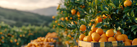 A crate of oranges is placed in the garden.の素材