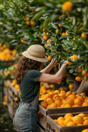 Caucasian farmer woman picks oranges on the orange tree in the garden.の素材