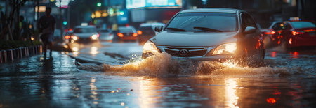 Cars were traveling on flooded roads in the city.の素材
