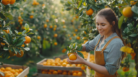Caucasian farmer woman picks oranges on the orange tree in the garden.の素材
