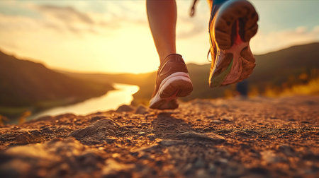 Closeup of running shoes in nature Mountain river at sunset.の素材
