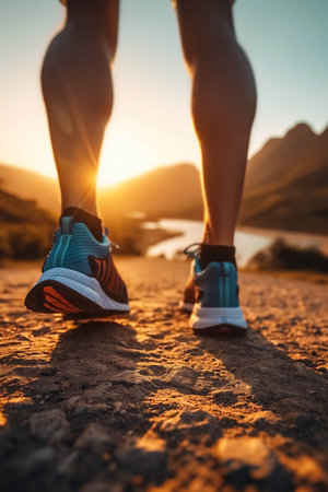 Closeup of running shoes in nature Mountain river at sunset.の素材