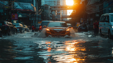 Cars were traveling on flooded roads in the city.の素材