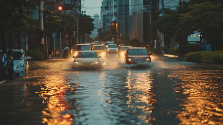 Cars were traveling on flooded roads in the city.の素材