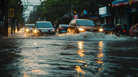 Cars were traveling on flooded roads in the city.の素材