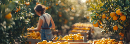 Caucasian farmer woman picks oranges on the orange tree in the garden.の素材