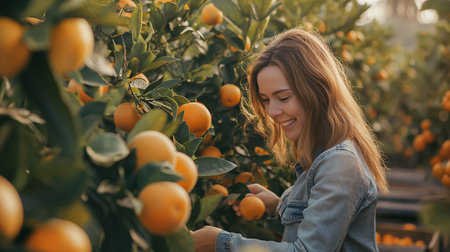Caucasian farmer woman picks oranges on the orange tree in the garden.の素材