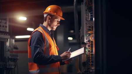 Asian man checking work equipment in generator room.の素材