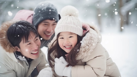Asian family wearing coats playing in the snow.の素材