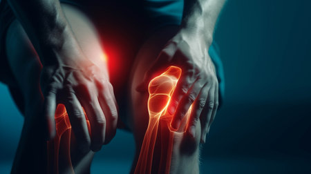 Closeup young man holding his knee, leg injury.の素材