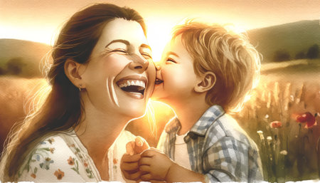 The image shows a joyous moment between a mother and her child in a warm embrace.の素材