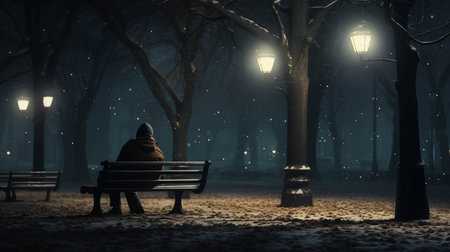 People sitting on benches in the park at night.の素材