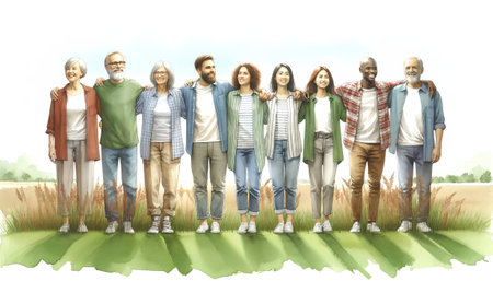 The image depicts a group of friends standing together, smiling in a field.の素材