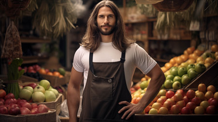 A young Caucasian merchant with long hair is smiling confidently at a fruit shop.の素材