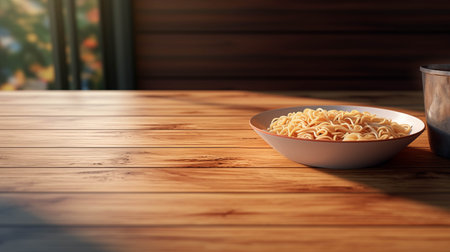 Instant noodles placed on a wooden table.の素材