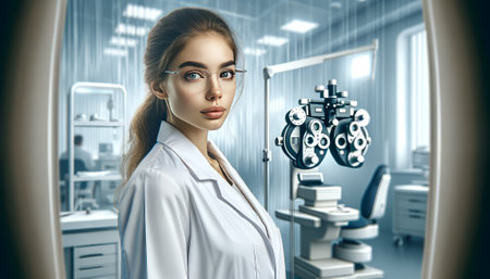 The image shows a woman in a white lab coat, standing confidently in a medical office with optometry equipment in the background.の素材