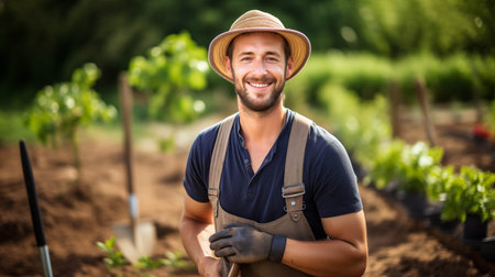 Caucasian man smiling with confidence gardening.の素材