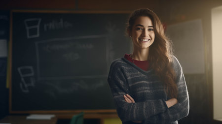 Caucasian girl smiling with confidence in classroom.の素材