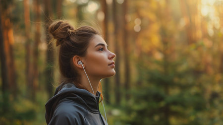 Caucasian woman in exercise clothes listening to music in the park.の素材