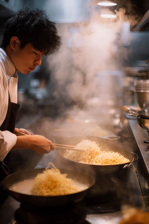 Asian male chef making ramen in the kitchen.の素材