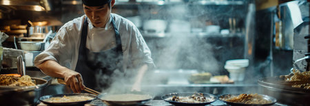 Asian male chef making ramen in the kitchen.の素材