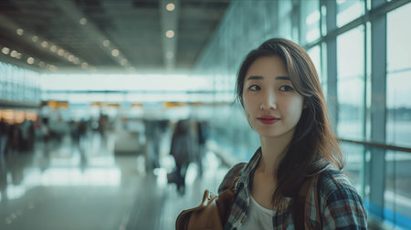 Asian female tourist walking at airport passenger building.の素材