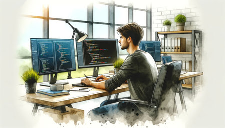 Programmer working in a modern office, side view.の素材