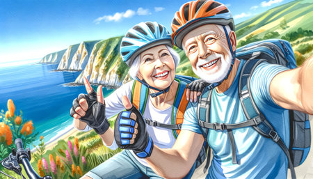 The image shows a happy middle-aged couple taking a selfie by the ocean.の素材