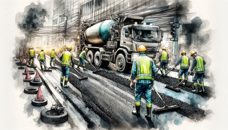 The image portrays road construction workers in high-visibility clothing at work.の素材