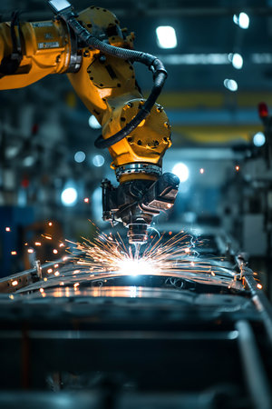 A mechanical arm welds a car frame in a factory.の素材