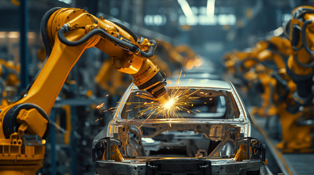 A mechanical arm welds a car frame in a factory.の素材
