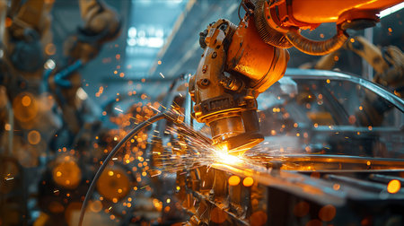 A mechanical arm welds a car frame in a factory.の素材
